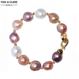 Gold Plated Balls Clasp 14mm Pink White Purple Baroque Pearl Bracelet