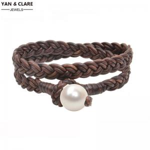 Brown Woven Braid PU Leather Double Layers White Single Natural Pearl Bracelet