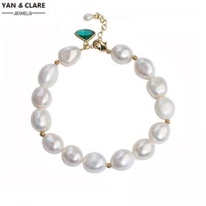 Green Zircon End 9-10mm White Freshwater Baroque Pearl Bracelet