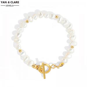 Gold Plated Sterling Silver Clasp White Baroque Pearl Bracelet