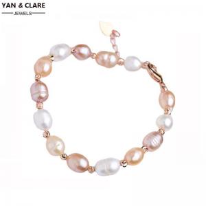 Gold Plated Sterling Silver 9mm Rice Shape Pink White Purple Pearls Bracelet