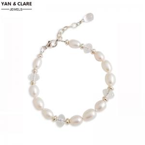 17cm length 925 Sterling Silver Crystral Beads 8-9mm Rice Shape Freshwater Pearl Bracelet 