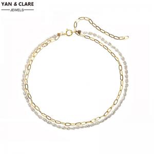 925 Sterling Silver Gold Plated Bracelet Clasp Double Layers Style 2-3mm Mini Freshater Pearl 