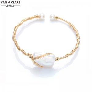 14K Gold Filled One Single Baroque 14-15mm Pearl Bracelet Bangle