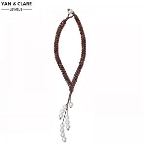 11pcs 9-10mm Pearl Tassel Woven Leather Cord Necklace