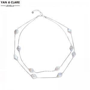 45cm Two Layers 925 Sterling Silver Clasp Diamond Shape Baroque 12-13mm Pearl Necklace