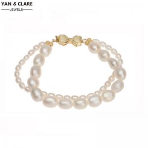 Double Layers Rice Pearl Bracelet in Sterling Silver Clasp