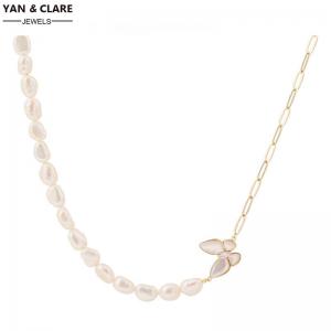 Butterfly Pendant 40cm Pearl Necklace in Gold Plated Brass Chain and 7-8mm White Freshwater Baroque Pearl