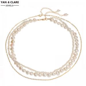 3layers Pearl Necklace in 3-4mm White Baroque and 8-9mm White Baroque