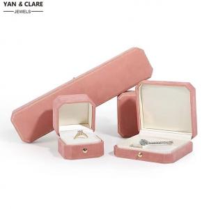 Pink Velvet Octagonal Fine Jewellery Box Set with a Gold Press Button Decoration