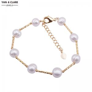 14K Gold Plated Brass 8-9mm Near Round Freshwater Pearl Bracelet