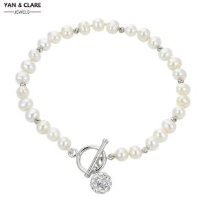 925 Sterling Silver Divider Balls and Clasp with Crystal Ball 8-9mm Freshwater Pearl Bracelet