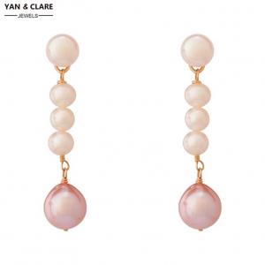 Pink with White Freshwater Pearl Stud Drop Pearl Earrings