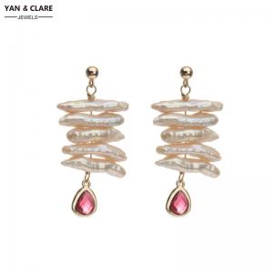 Wine Red Drop Shape Crystal Oblong Shape Baroque Pearl Drop Earrings