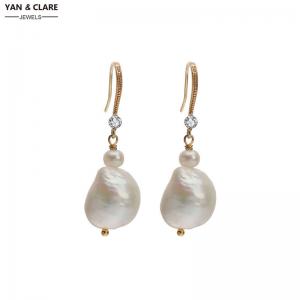 Gold Plated 925Sterling Silver Hook with Zircon Baroque Freshwater Pearl Dangle Earrings