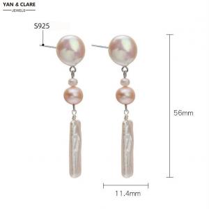 Pink with White Pearls Round with Toothstick Style Baroque Pearl Drop Earrings