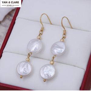 Gold Plated Brass Coin Shape Baroque Pearl Drop Earrings