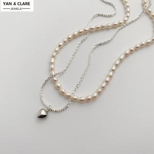 Rice Pearl with Gold Plated Brass Heart Pendant Chain Two Layers Pearl Necklace