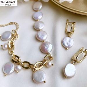 Coin Shape Pearl Bracelet and Earrings