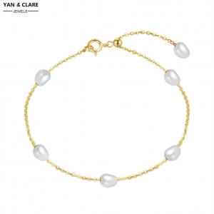  6pcs 4-5mm Rice Shape Freshwater Pearl Bracelet in Gold Plated Sterling Silver Lobster Clasp