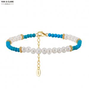 925 Sterling Silver with Turquoise balls 3mm Dia with 3.5-4mm Baroque Shape Freshwater Pearl Bracelet