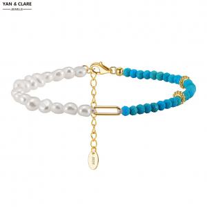 4-5mm Baroque Shape Freshwater Pearl Bracelet with 925 Sterling Silver with Turquoise balls 3mm Dia