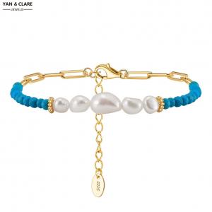 925 Sterling Silver with Turquoise balls 3mm Dia with 4-8mm Baroque Shape Freshwater Pearl Bracelet