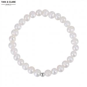 6-7mm Potato Near Round Shape Freshwater Pearl Silver Bead Bracelet