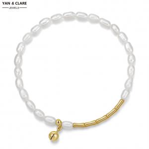 5-6mm Rice Shape Freshwater Pearl Bracelet with Gold Plated 925 Sterling Silver Bell