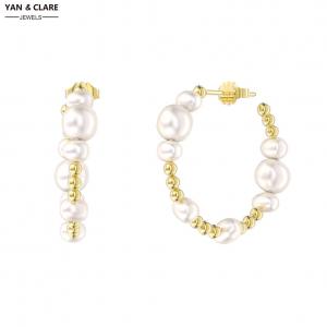 Gold Plated 925 Sterling Silver Beads with 3-4mm+4-5mm Potato Shape Freshwater Pearl Loop Earrings