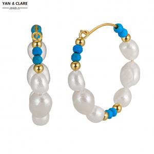 7-8mm Baroque Shape Freshwater Pearl Earrings with 925 Sterling Silver with 3mm turquoise balls