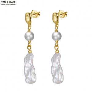 5-6mm Near Round+18mm Baroque Shape Freshwater Pearl Earrings