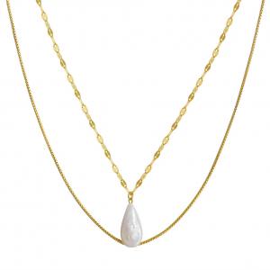 18mm Baroque Drop Shape Freshwater Pearl Pendant Double Layers Necklace in Gold Plated 925 Sterling Silver