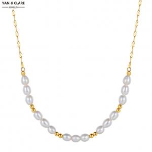 4-5mm Rice Shape Freshwater Pearl Necklace with Gold Plated 925 Sterling Silver Beads