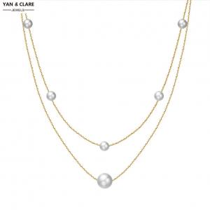 2 Layers 925 Sterling Silver Necklace with  6-7mm+9-10mm Round Freshwater Pearl