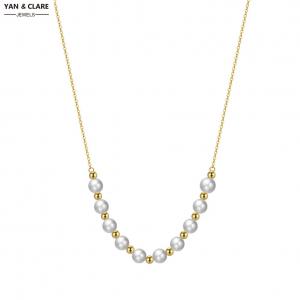 5-6mm Round Shape Freshwater Pearl Necklace with Gold Plated 925 Sterling Silver Beads