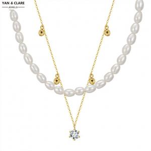 Double Layers 5-6mm Rice Shape Freshwater Pearl with 925 Sterling Silver with Zircon