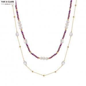 Double Layers Style Necklace in 7-8mm Baroque Shape Freshwater Pearl with 925 Sterling Silver with Amethyst