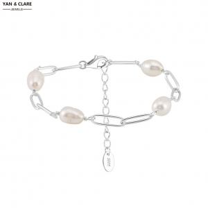 5-6mm Baroque White Freshwater Pearl Bracelet in 925 Sterling Silver