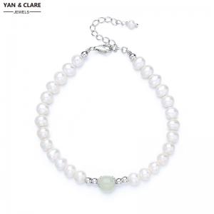 5.5-6mm Near Round White Freshwater Pearl with Jade Bracelet