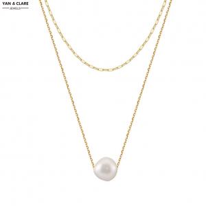 Double Layers 925 Sterling Silver Necklace in 10-11mm Baroque White Freshwater Pearl